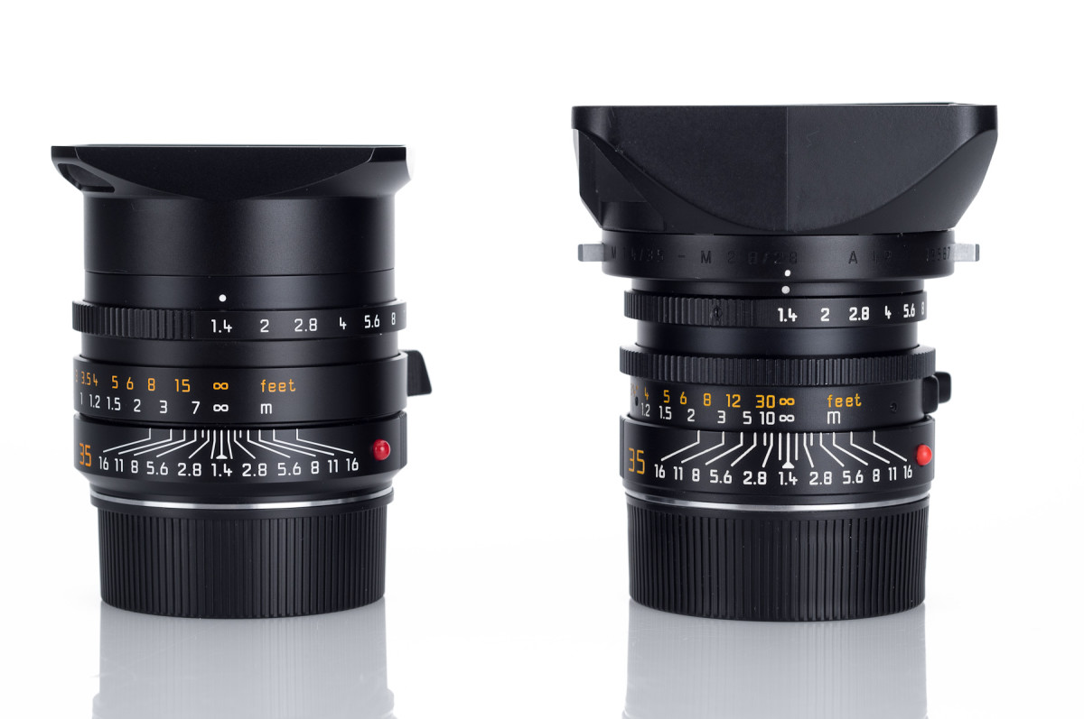  On the left, the modern Leica Leica Summilux-M 35mm f/1.4 ASPH FLE. On the right is the Leica Summilux-M 35mm f/1.4 Aspherical.